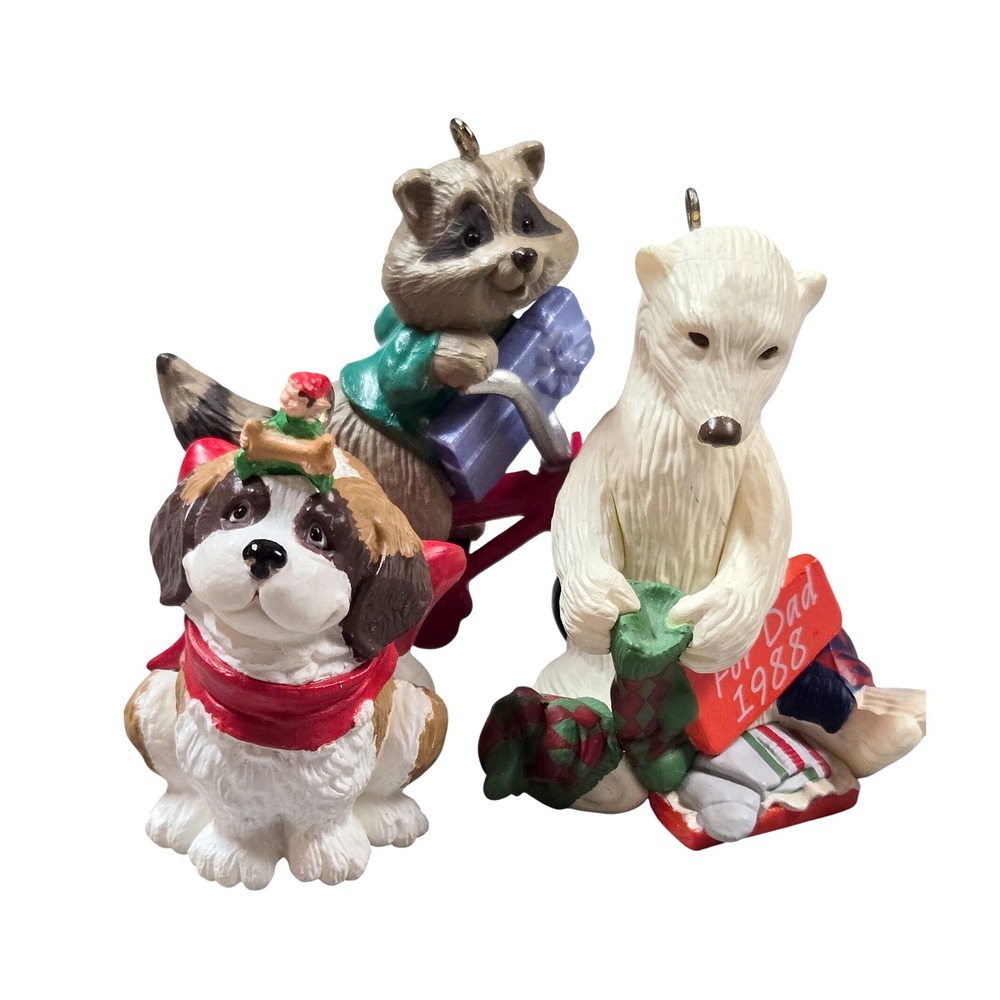 Hallmark Vintage 1980s‎ Christmas Ornament Lot Raccoon Polar Bear Dog Set of 3